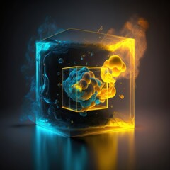 close-up of a cube from which a glowing yellow light comes out. the quantum physics generated by ai