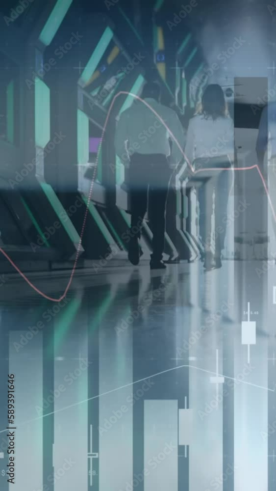 Poster composite video of statistical data processing against people walking in the server room at office