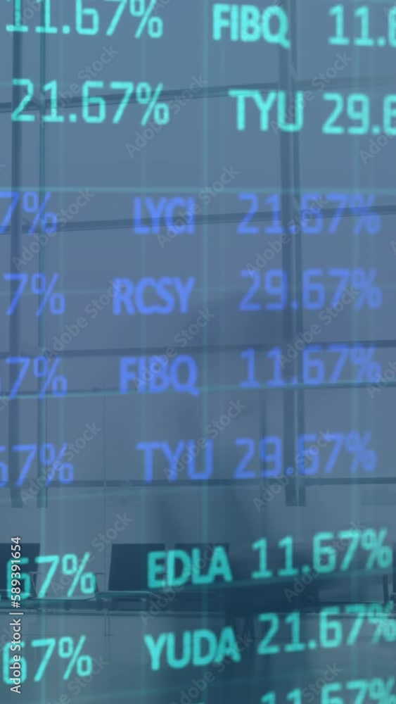 Poster animation of financial data processing over busy office