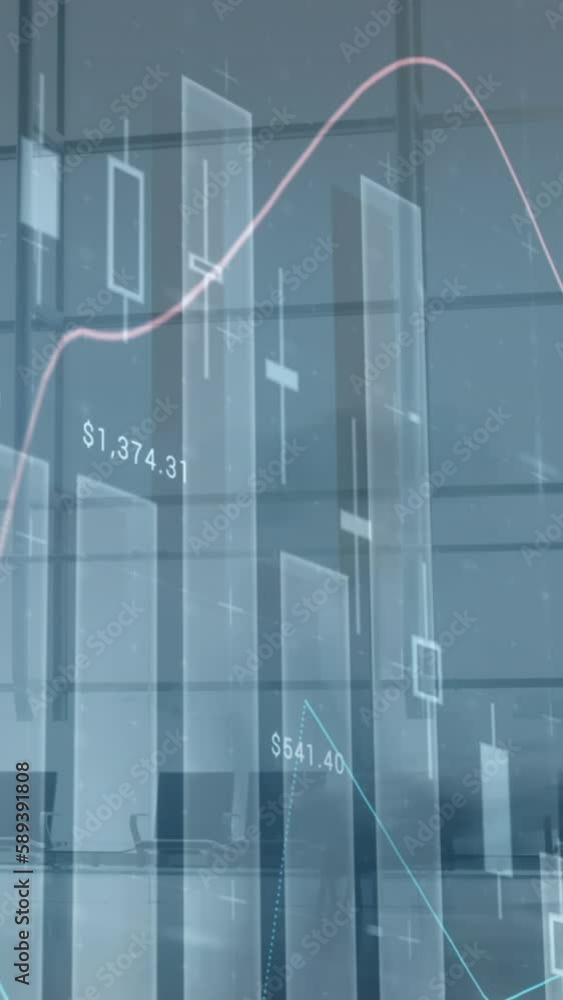 Poster composite video of statistical data processing against time lapse of people walking at office