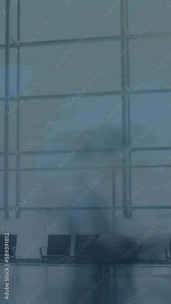 Poster statistical data processing over world map against time lapse of people walking at office