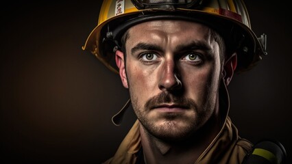 portrait of a male firefighter, looking into the camera, flames and smoke on the background, generated in AI