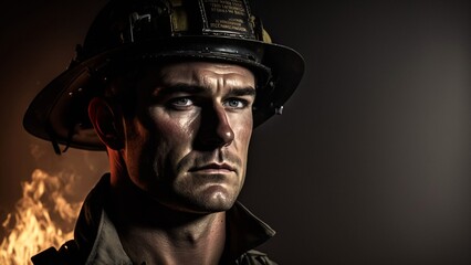 Fototapeta na wymiar portrait of a male firefighter, looking into the camera, flames and smoke on the background, generated in AI