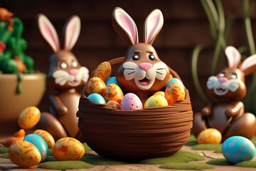 Fototapeta na wymiar Chocolate easter bunny in a choco basket created with generative AI