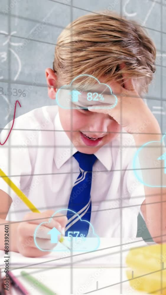 Aufkleber animation of clouds with data processing over caucasian schoolboy