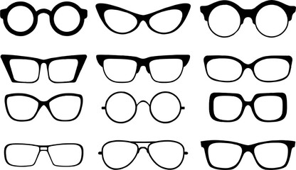 set of sun glasses isolated on white background. Multiple frames Sunglasses, glasses. Silhouettes for Various shapes and styles.
