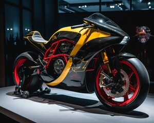 Fototapeta na wymiar Majestic Futuristic Design of Gold Color Motorcycle. Generative AI