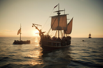 Obraz premium Christopher Columbus' expedition landing on the island of San Salvador in the 15th century. generative Ai.