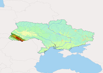 Fototapeta na wymiar High detailed vector Ukraine physical map, topographic map of Ukraine on white with rivers, lakes and neighbouring countries. 