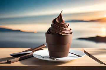 A cup of chocolate ice cream sits on a table with a sunset in the background.