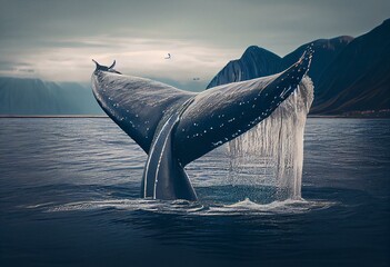 A tail of a whale in the water. Generative AI