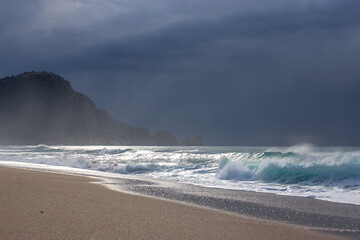 Big storm waves of Mediterranean sea on Alanya beach Turkey coast