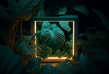 Tropical Leaves Illuminated with White Fluorescent Light. Jungle Environment with Rectangle shaped Neon Frame. Generative AI
