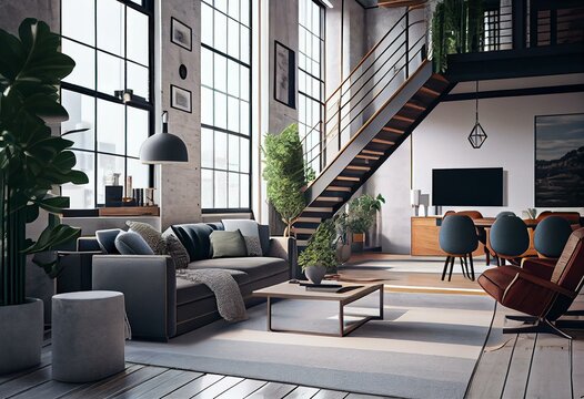 Modern loft interior with trendy living room furniture. Generative AI