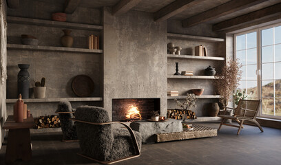 Wabi sabi living room with fireplace and shelves. Dark interior mockup, 3d render