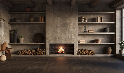 Wabi sabi living room with fireplace and shelves. Interior mockup, 3d render