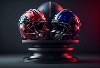 American football competitions. a podium on which is a rugby ball and red and blue helmets. 3D render. Generative AI