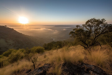 View of the African Savannah in the Morning. Generative AI.