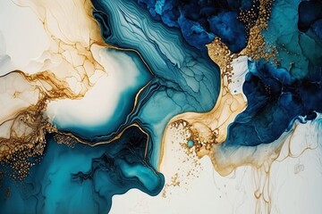 Marble ink blue teal turquoise white golden abstract background. Modern luxury alcohol ink painting. Generative AI
