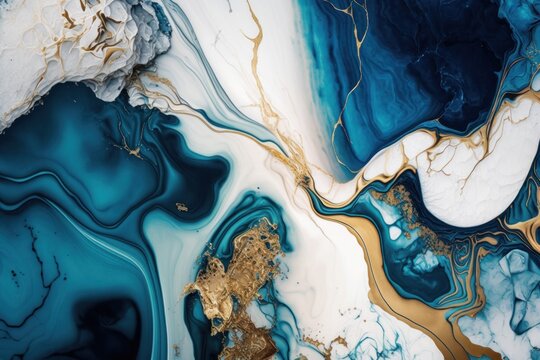 Marble Ink Blue Teal Turquoise White Golden Abstract Background. Modern Luxury Alcohol Ink Painting. Generative AI