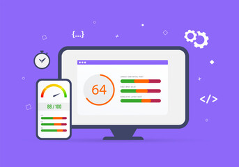 Website Page Speed Optimization SEO concept. Page speed charts on desktop and smartphone screens, with Core Web Vitals metrics LCP, FID, and CLS. Improve user experience and SEO ranking