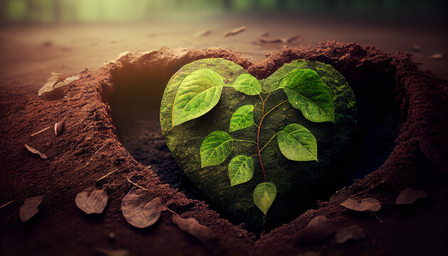 Leaf are planted on the ground in heart shape. Natural green backgrounds, the concept of plant growth, earth day and environmental protection