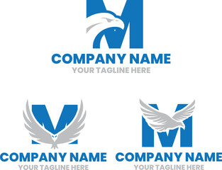 M initial letter with an eagle, falcon head logo design, flying hawk logo design vector files