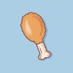 Single fried chicken thigh vector illustration designed in flat cartoon style, isolated on blue background. Icon of fried chicken thighs can be printed in culinary menu book, cafe, restaurant