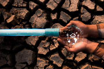 Water from tap with world and people icon protect environment from water crisis and impact of...