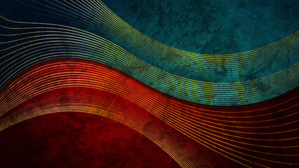 Blue red grunge wavy background with golden lines