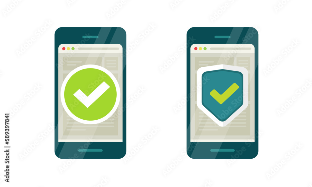 Poster verification security website on cell phone check mark and secure shield online vector icon, valid v