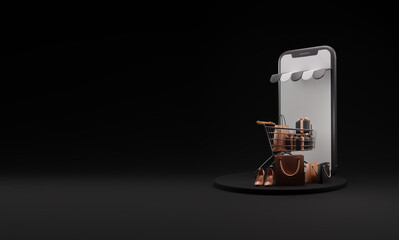 Black Friday. sale background. with 3d smartphone, cart, trolley, shopping bag, gift box, and copy space on black background. 3d render illustration