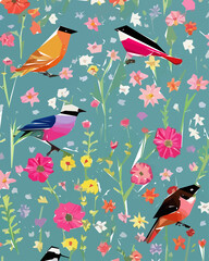 Floral background with flowers, birds and leaves. Vector illustration.