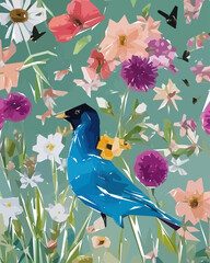 Floral background with flowers, birds and leaves. Vector illustration.