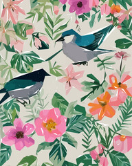 Floral background with flowers, birds and leaves. Vector illustration.