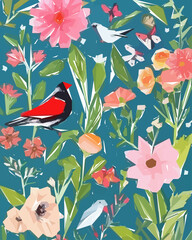 Floral background with flowers, birds and leaves. Vector illustration.