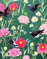 Floral background with flowers, birds and leaves. Vector illustration.