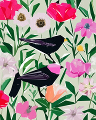 Floral background with flowers, birds and leaves. Vector illustration.