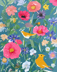 Floral background with flowers, birds and leaves. Vector illustration.
