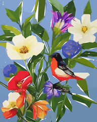 Floral background with flowers, birds and leaves. Vector illustration.