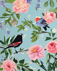 Floral background with flowers, birds and leaves. Vector illustration.