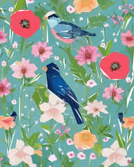 Floral background with flowers, birds and leaves. Vector illustration.
