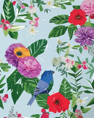 Floral background with flowers, birds and leaves. Vector illustration.