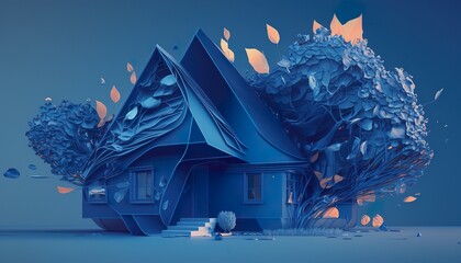 Fototapeta na wymiar blue house with blueprint ai generated dreamlike (ai generate)