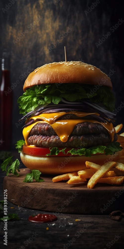 Poster tempting burger with crispy hash browns. generative ai