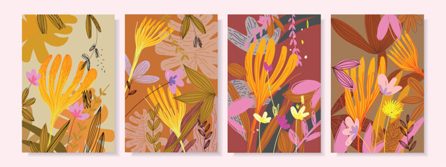 Fototapeta na wymiar Set of abstract floral branch flowers and leaves vintage hand drawn background design.