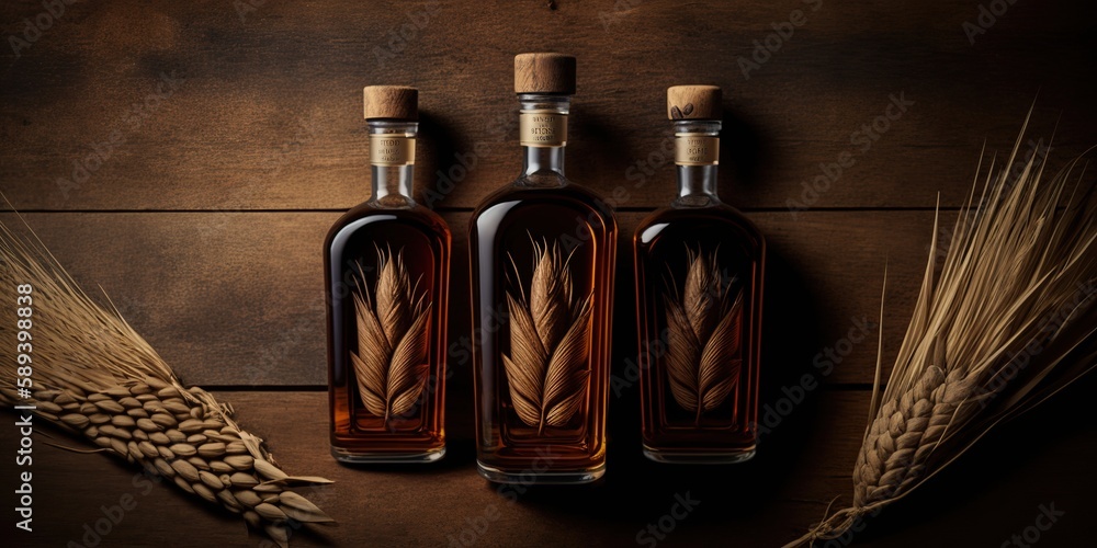 Poster on a wooden table are three bottles of alcohol and several wheat ears. generative ai