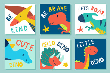 Set of posters with cute dinosaurs and letterings. Baby design for birthday invitation or Childish design for birthday invitation, poster, clothing, nursery wall art and card. EPS