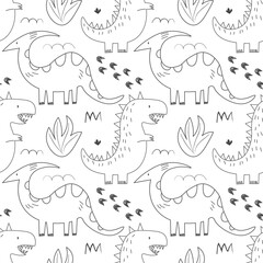 Cute dinosaurs and plants. Funny cartoon dino seamless pattern. Hand drawn vector doodle design for girls, boys, kids. Hand drawn children's pattern for fashion clothes, shirt, fabric EPS