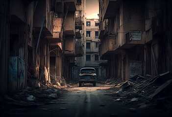 Empty streets in abandoned city after war. Generative AI